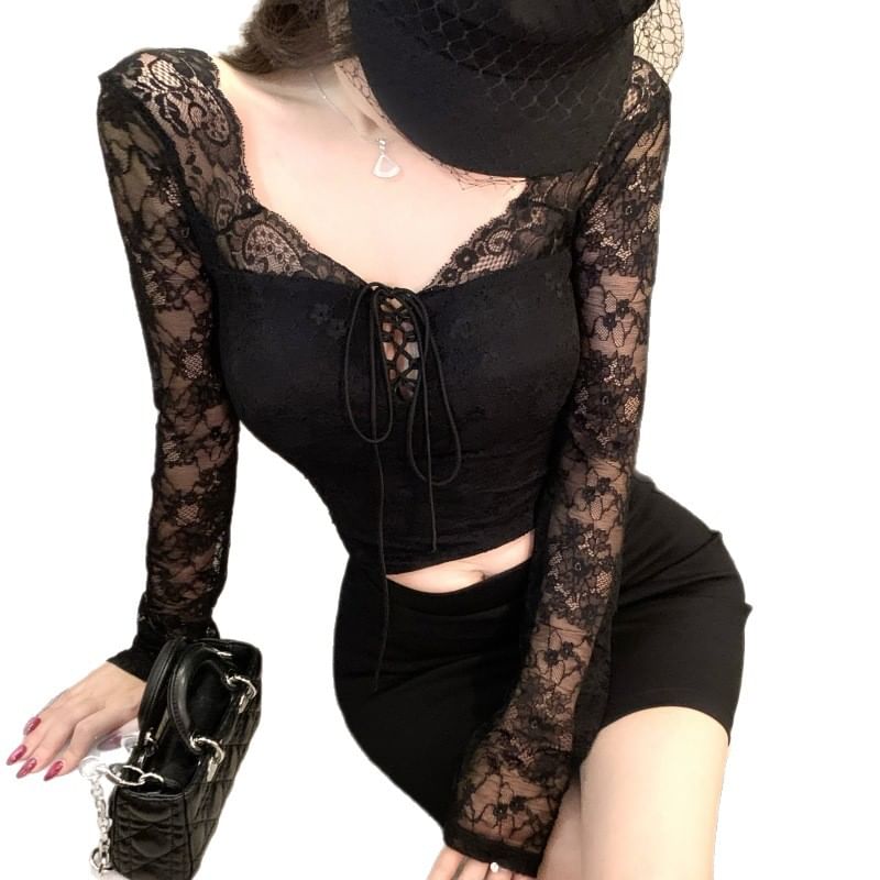 Lace-Up Crop Slim Fit Long Sleeve Top
