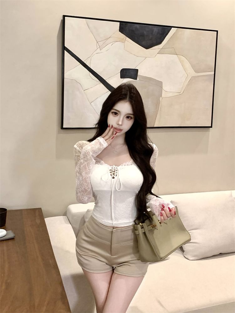Lace-Up Crop Slim Fit Long Sleeve Top