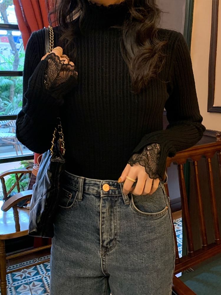 Mock Neck Lace Trim Ribbed Knit Long Sleeve Top