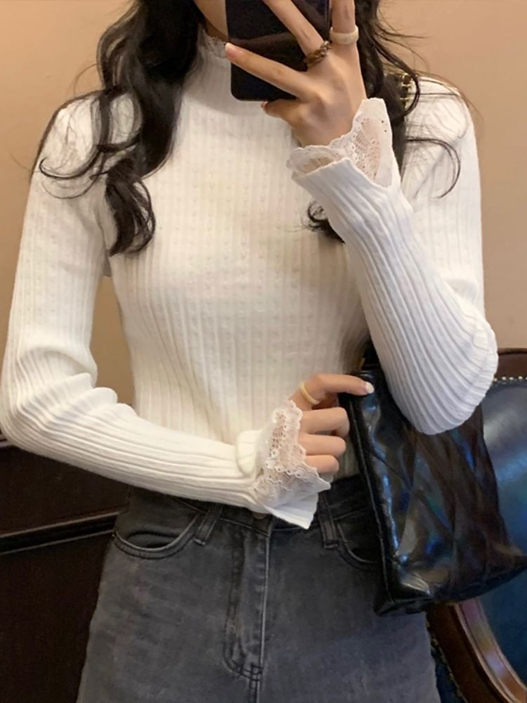 Mock Neck Lace Trim Ribbed Knit Long Sleeve Top