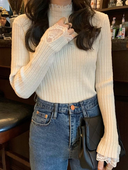 Mock Neck Lace Trim Ribbed Knit Long Sleeve Top