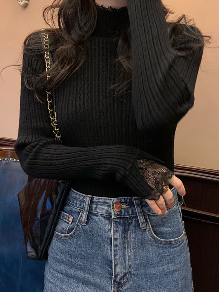 Mock Neck Lace Trim Ribbed Knit Long Sleeve Top