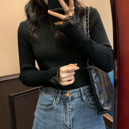 Mock Neck Lace Trim Ribbed Knit Long Sleeve Top