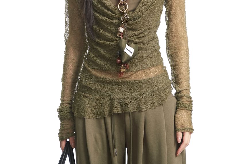 Cowl Neck See-Through Lace Slim Fit Top