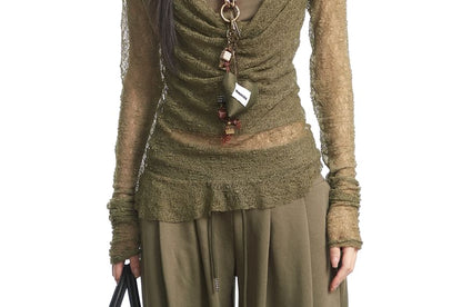Cowl Neck See-Through Lace Slim Fit Top