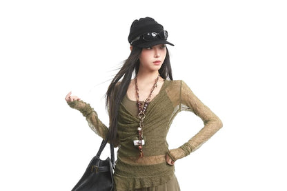 Cowl Neck See-Through Lace Slim Fit Top