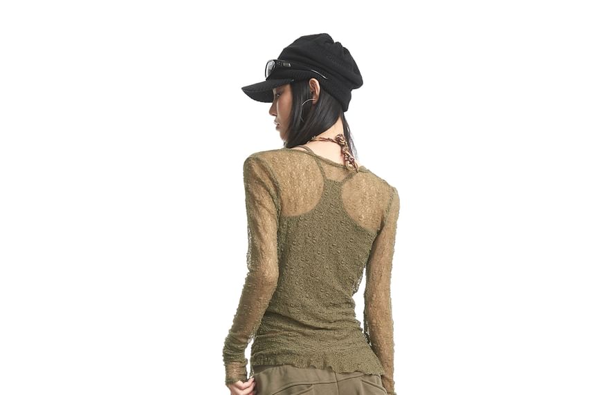 Cowl Neck See-Through Lace Slim Fit Top
