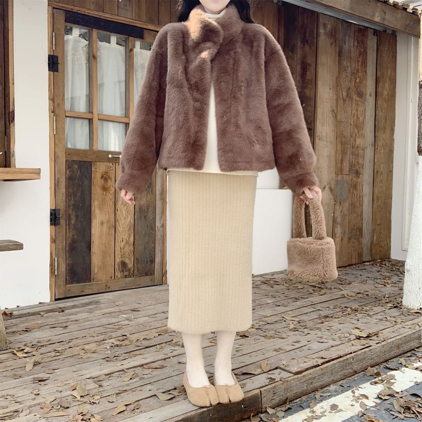 Fluffy Knit Midi Pencil Skirt