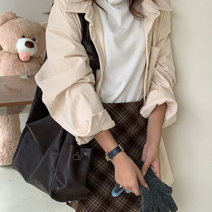 Faux Leather Plain Shoulder Bag