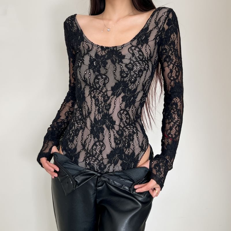 Scoop Neck Lace Bodysuit Long Sleeve