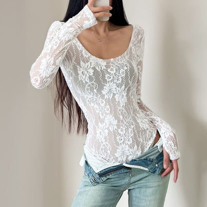 Scoop Neck Lace Bodysuit Long Sleeve