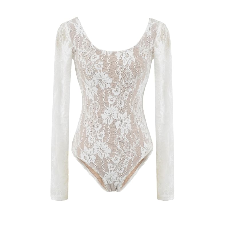 Scoop Neck Lace Bodysuit Long Sleeve