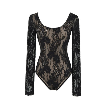 Scoop Neck Lace Bodysuit Long Sleeve