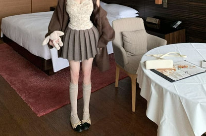 Hooded Cardigan, Mini Pleated Skirt & Lace Crop Top Set