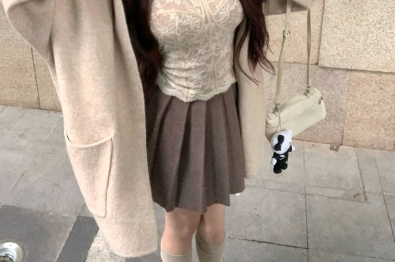 Hooded Cardigan, Mini Pleated Skirt & Lace Crop Top Set