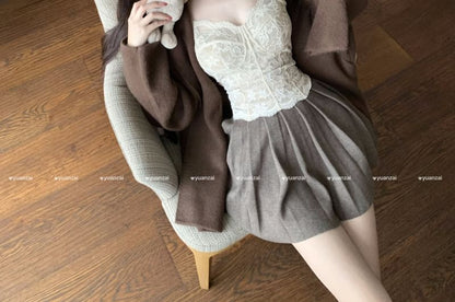 Hooded Cardigan, Mini Pleated Skirt & Lace Crop Top Set