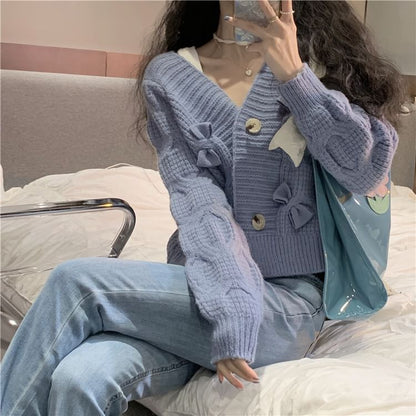 V-Neck Bow Button-Up Cardigan