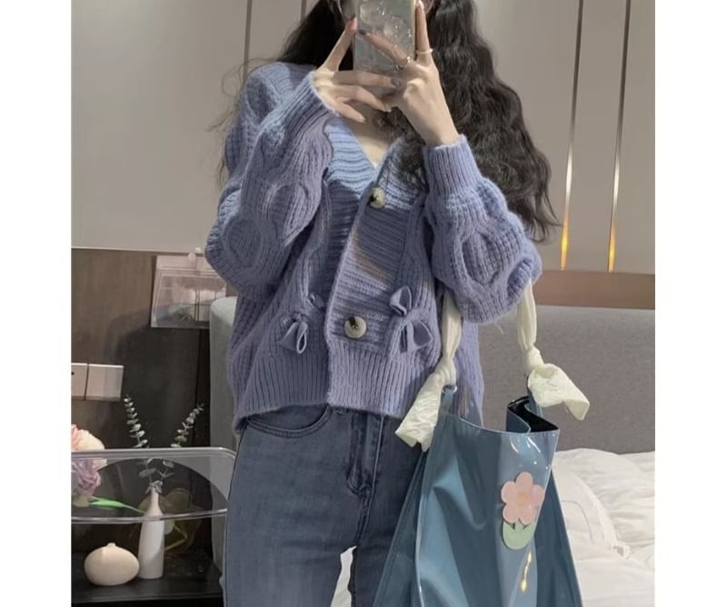 V-Neck Bow Button-Up Cardigan