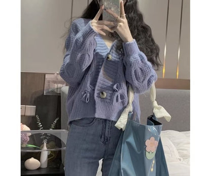 V-Neck Bow Button-Up Cardigan