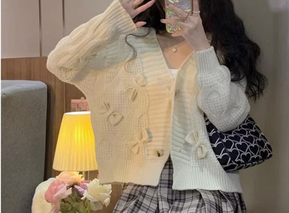 V-Neck Bow Button-Up Cardigan