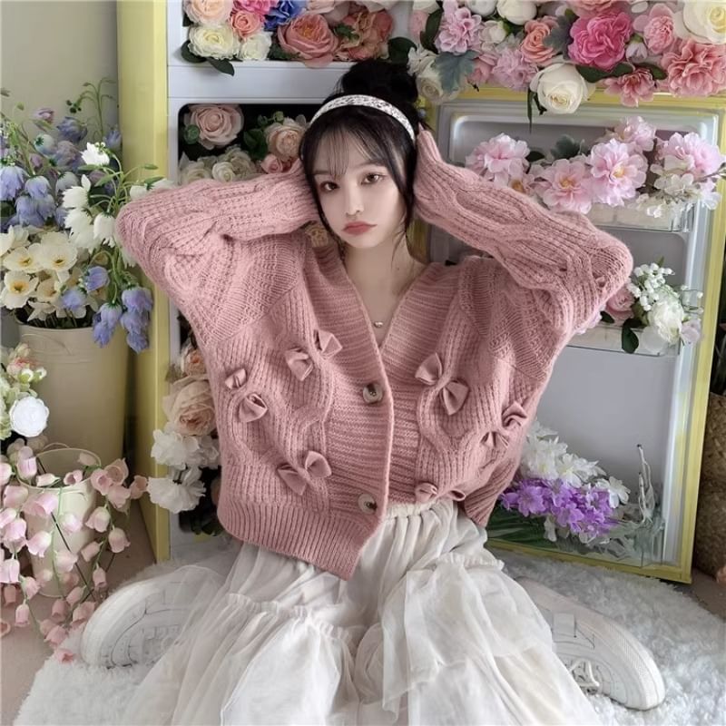 V-Neck Bow Button-Up Cardigan