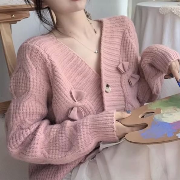 V-Neck Bow Button-Up Cardigan