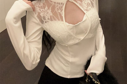 Mock Two-Piece Cutout Lace Panel Top