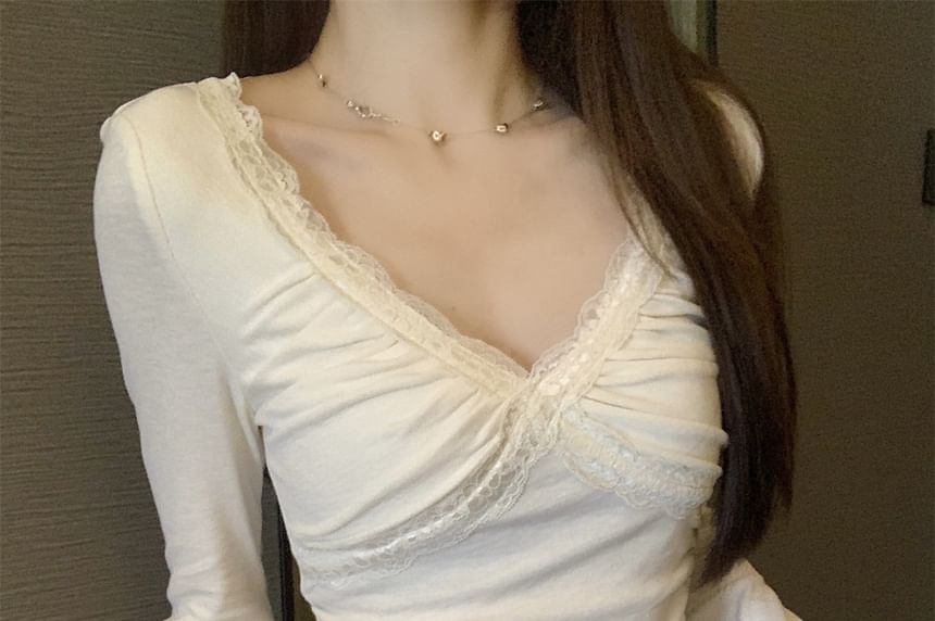 V-Neck Ruched Panel Lace Top