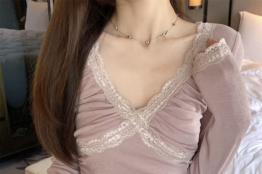 V-Neck Ruched Panel Lace Top