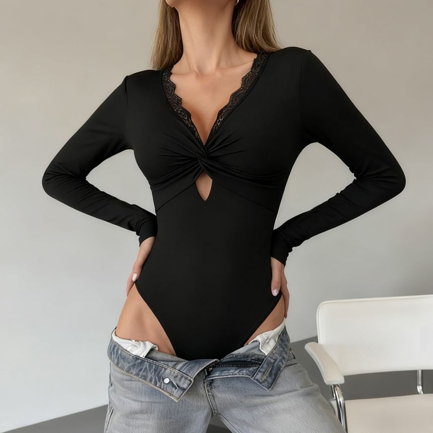 V-Neck Cutout Backless Lace Bodysuit