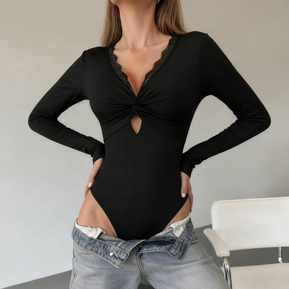 V-Neck Cutout Backless Lace Bodysuit