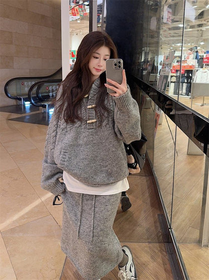 Toggle Cable Knit Hoodie & Drawstring Waist Midi Straight Skirt