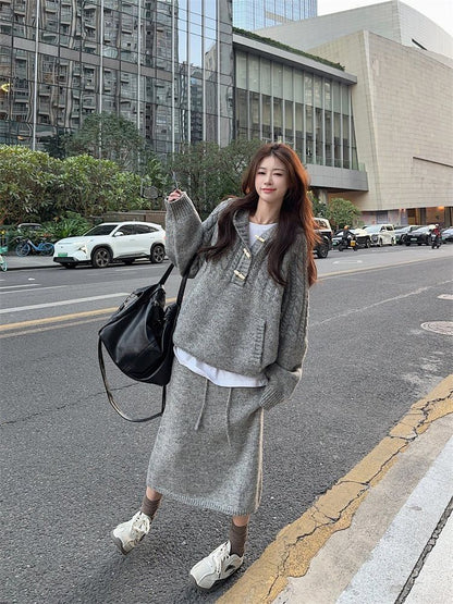 Toggle Cable Knit Hoodie & Drawstring Waist Midi Straight Skirt