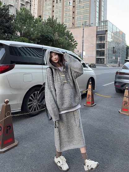 Toggle Cable Knit Hoodie & Drawstring Waist Midi Straight Skirt