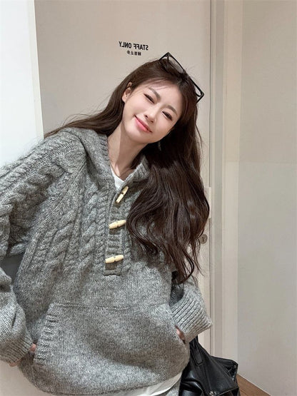 Toggle Cable Knit Hoodie & Drawstring Waist Midi Straight Skirt