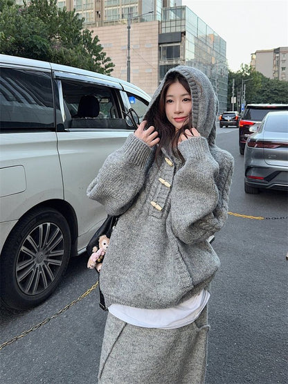 Toggle Cable Knit Hoodie & Drawstring Waist Midi Straight Skirt