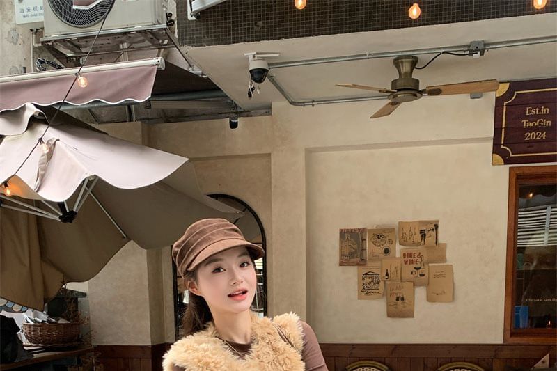 Round Neck Fluffy Button Vest, Long-Sleeve Tee & High Rise Maxi A-Line Skirt