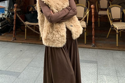 Round Neck Fluffy Button Vest, Long-Sleeve Tee & High Rise Maxi A-Line Skirt