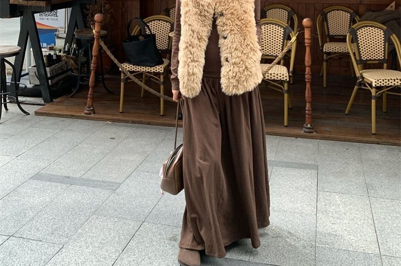 Round Neck Fluffy Button Vest, Long-Sleeve Tee & High Rise Maxi A-Line Skirt