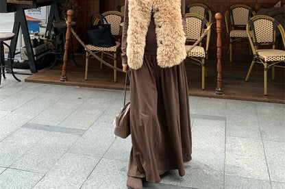 Round Neck Fluffy Button Vest, Long-Sleeve Tee & High Rise Maxi A-Line Skirt