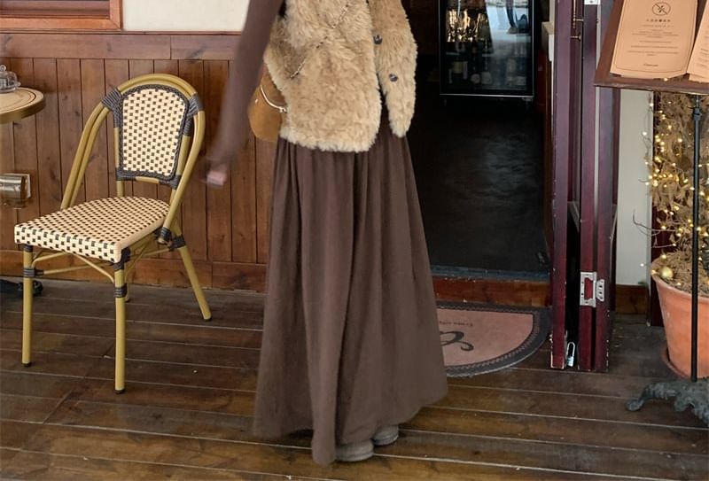 Round Neck Fluffy Button Vest, Long-Sleeve Tee & High Rise Maxi A-Line Skirt