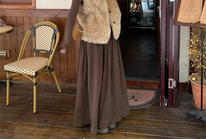 Round Neck Fluffy Button Vest, Long-Sleeve Tee & High Rise Maxi A-Line Skirt