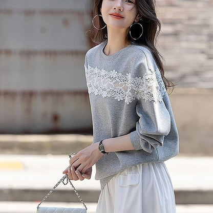 Round Neck Drop Shoulder Lace Panel Sweatshirt
