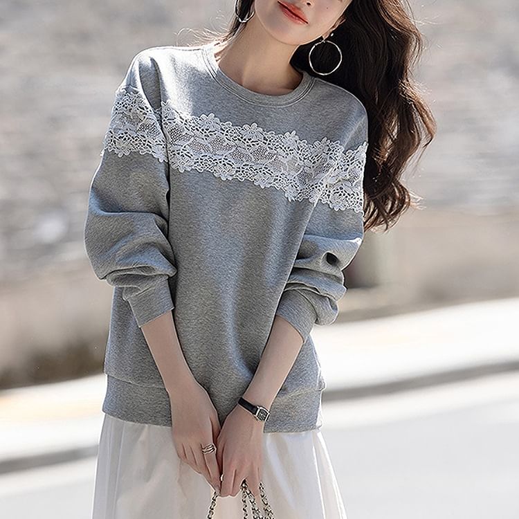 Round Neck Drop Shoulder Lace Panel Sweatshirt