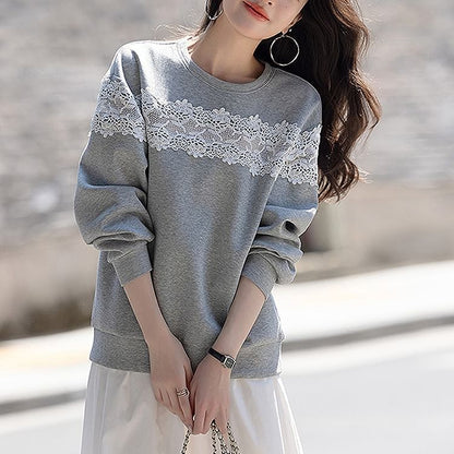 Round Neck Drop Shoulder Lace Panel Sweatshirt