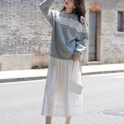 Round Neck Drop Shoulder Lace Panel Sweatshirt