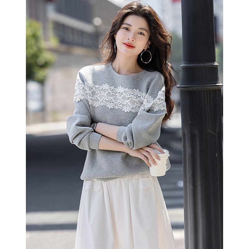 Round Neck Drop Shoulder Lace Panel Sweatshirt