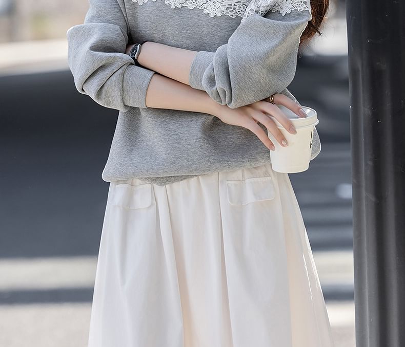 Round Neck Drop Shoulder Lace Panel Sweatshirt