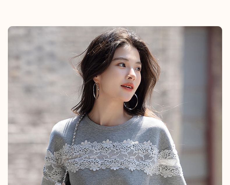 Round Neck Drop Shoulder Lace Panel Sweatshirt
