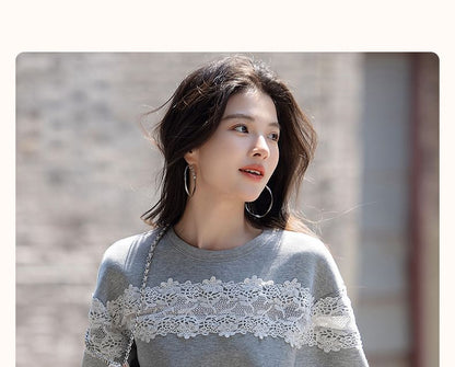 Round Neck Drop Shoulder Lace Panel Sweatshirt